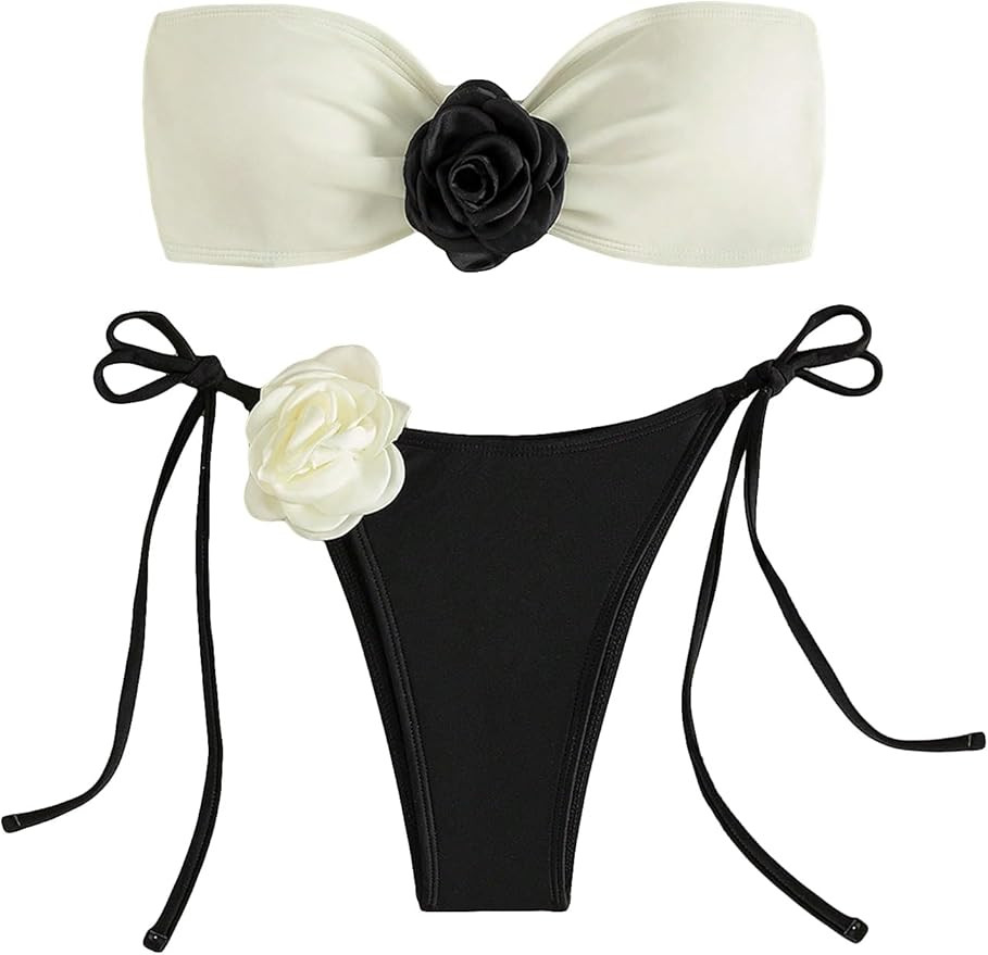 GORGLITTER Women's 2 Piece 3D Floral Strapless Swimsuit Bandeau Top Cheeky String Thong Bikini Se... | Amazon (US)