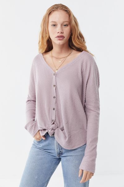 Out From Under Jojo Oversized Thermal Button-Front Top - Purple XS at Urban Outfitters | Urban Outfitters (US and RoW)