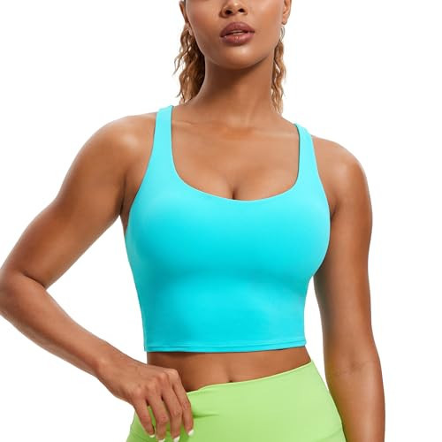 CRZ YOGA Womens Butterluxe Strappy Longline Sports Bra - Padded Criss Cross Yoga Bra Workout Crop Tank Tops (Neon) Spectral Blue Small | Amazon (US)