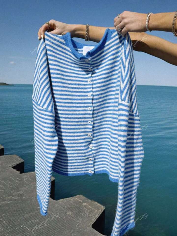Women's Simple Blue And White Striped Casual Cardigan, Fashionable For Back To School, Suitable F... | SHEIN