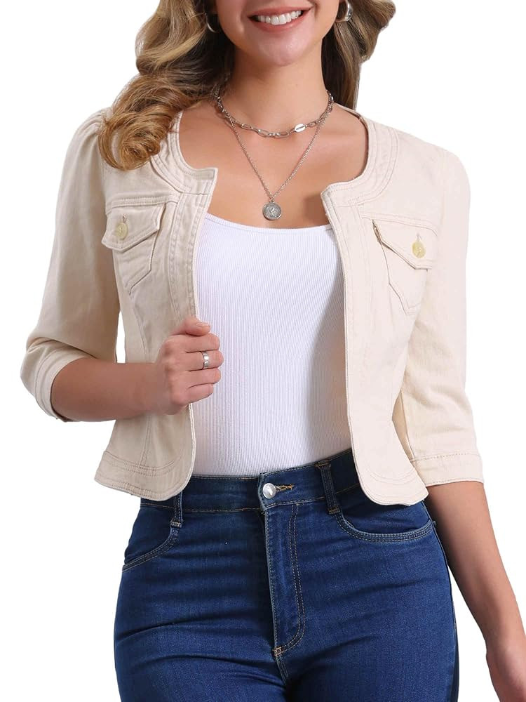 Allegra K Denim Jacket for Women's Collarless 2025 Cardigan 3/4 Sleeve Crop Jean Jackets | Amazon (US)