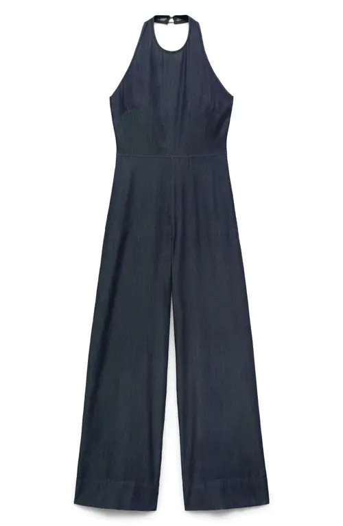 MANGO Denim Halter Jumpsuit in Open Blue at Nordstrom, Size Small | Nordstrom