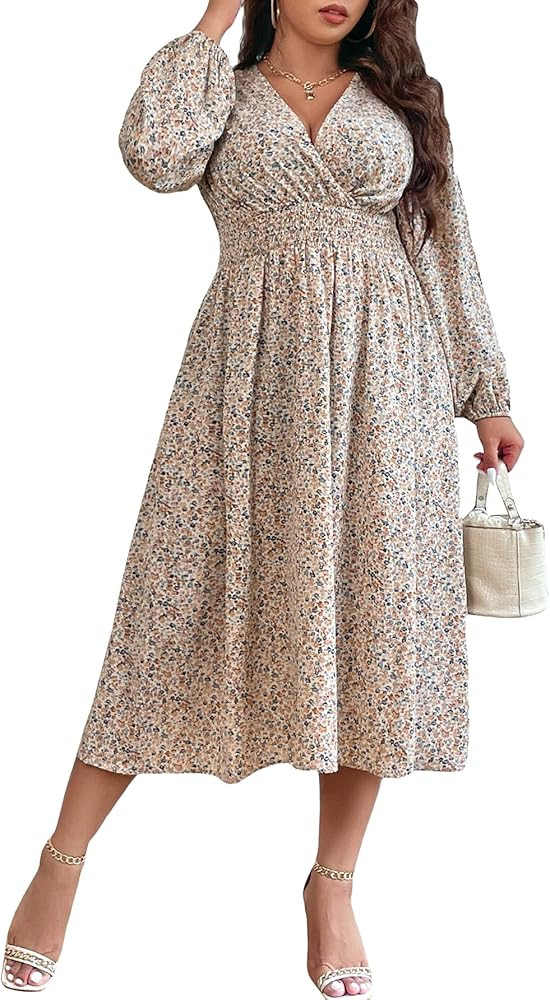 Floerns Women's Plus Size Floral Print Long Sleeve Shirred Waist Boho Long Dress | Amazon (US)