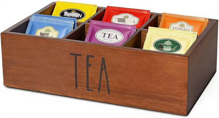 Tea Bag Organizer,Acacia Wood Tea Storage Containers with 6 Compartments, Sugar Packet Holder,Tea... | Amazon (US)