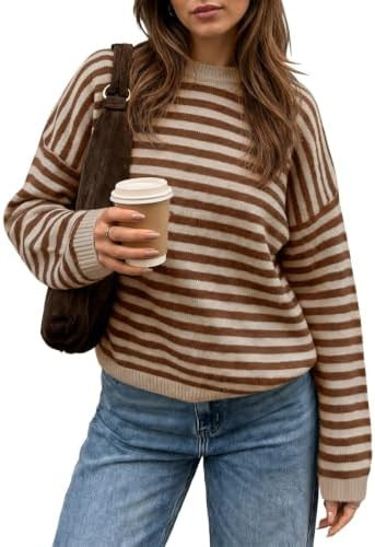 Saodimallsu Womens Striped Sweater Oversized Crew Neck Pullover | Amazon (US)
