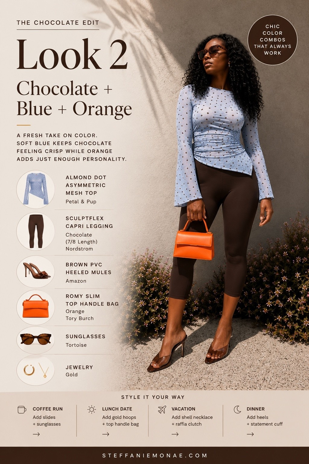 Chocolate brown is one of my favorite neutrals because it’s timeless, elevated, and surprisingly easy to style. I paired rich chocolate with a soft blue top and an orange handbag for a fresh color combination that feels modern without being over the top. I’m linking the exact pieces (or similar), including the top, chocolate leggings, brown heels, orange handbag, sunglasses, and gold jewelry so you can recreate the look. 🤎🩵🧡

#LTKOver40 #LTKootd #LTKTravel