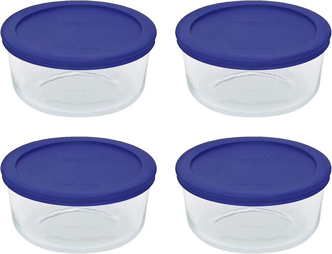 Pyrex Storage 4 Cup Round Dish, Clear with Blue Lid, Pack of 4 Containers | Amazon (US)