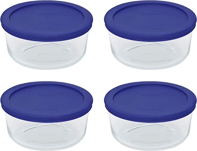 Pyrex Storage 4 Cup Round Dish, Clear with Blue Lid, Pack of 4 Containers | Amazon (US)