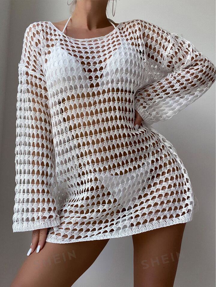 SHEIN Swim BohoFeel Hollow Out Drop Shoulder Cover Up Dress Without Bikini Set | SHEIN