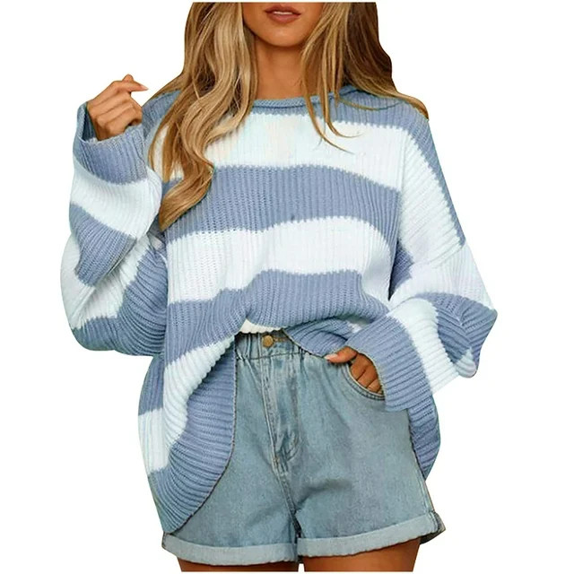 ZQGJB Baggy Sweaters for Women Casual Striped Color Block Print Long Sleeve Round Neck Graphic T-... | Walmart (US)