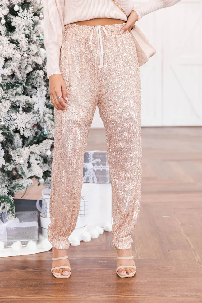 Forever Tonight Rose Gold Sequin Joggers | The Pink Lily Boutique