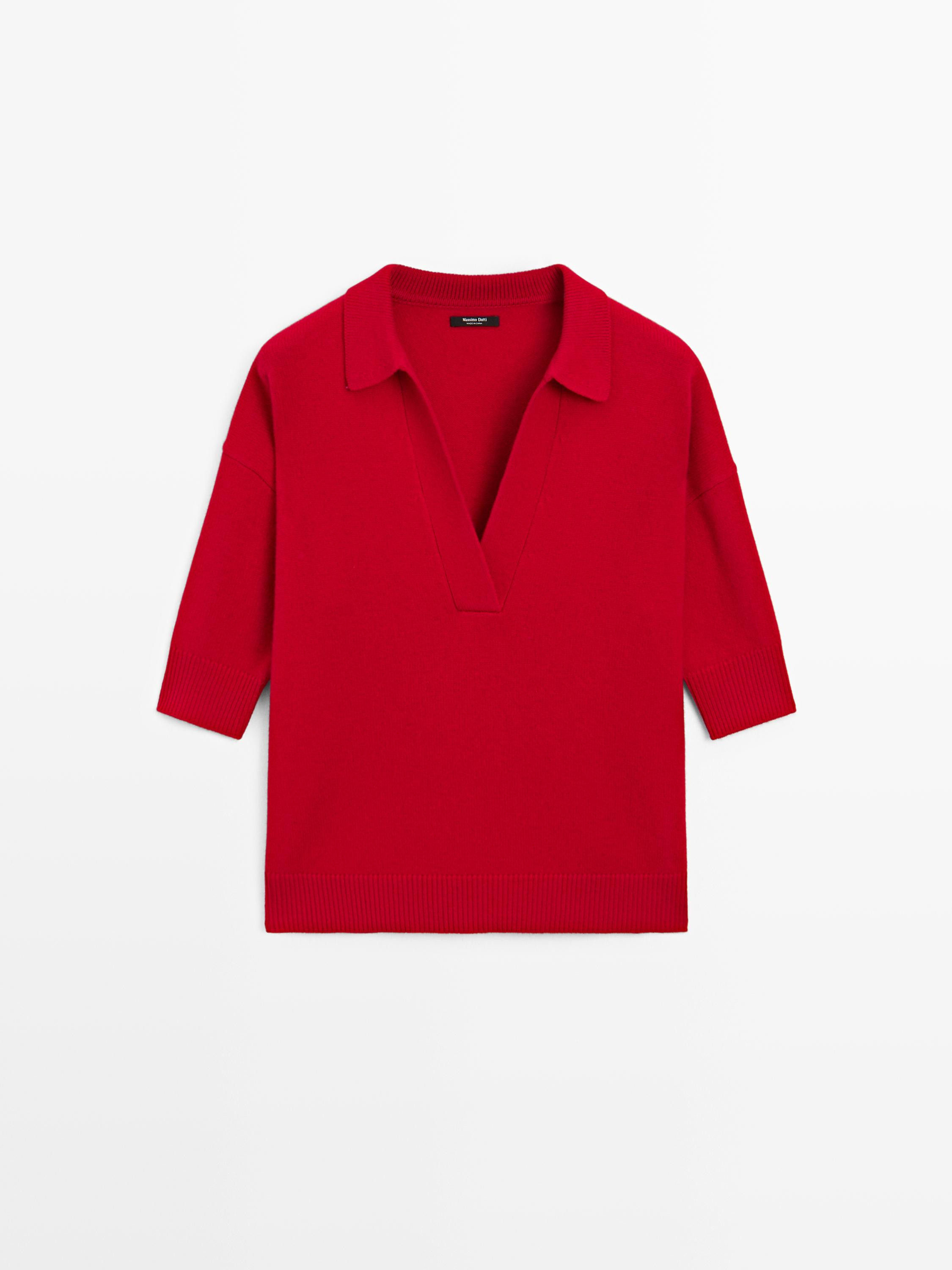 Wool blend knit V-neck polo shirt | Massimo Dutti UK