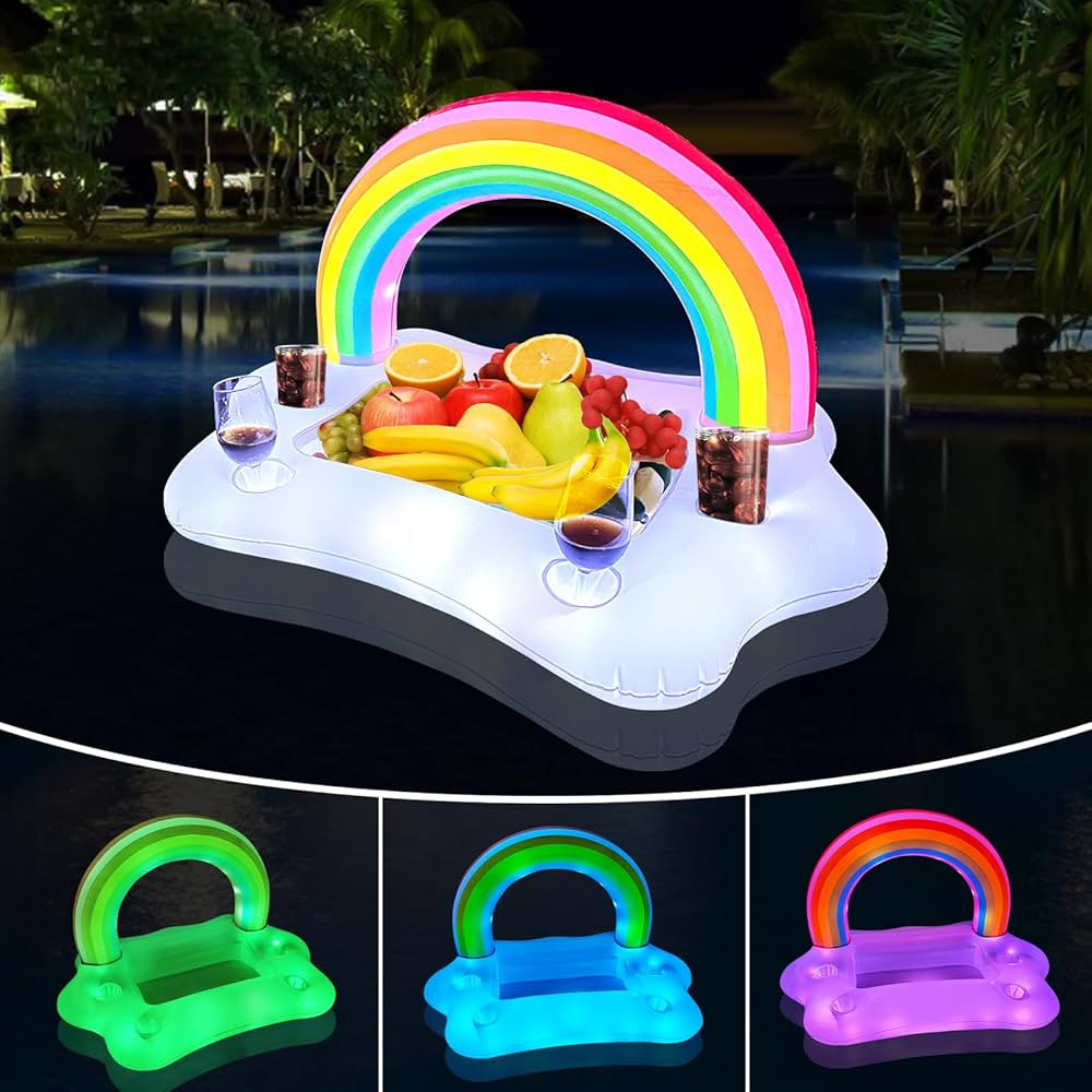 Inflatable Rainbow Cloud Pool Drink Holder with Colorful Lights, Solar Powered Floating Pool Serv... | Amazon (US)