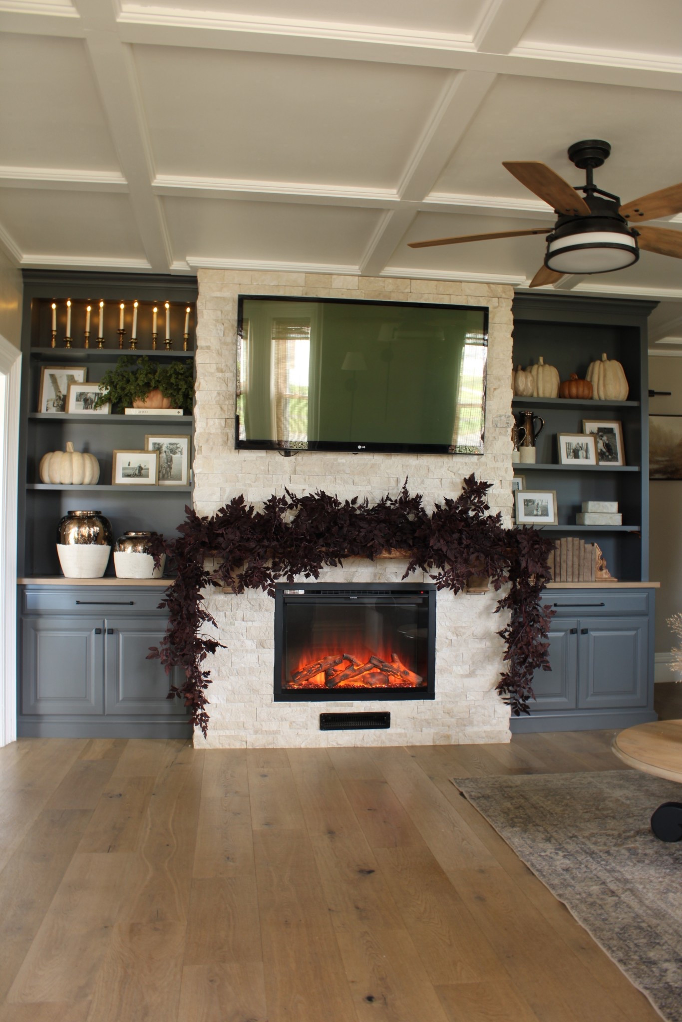 Fall Mantle | Living Room Decor | Fireplace and Bookshelf Styling | Modern Ceiling Fan | Fall Garland | Shelf Decor | Fall Faux Pumpkins | 

#LTKHome #LTKSeasonal