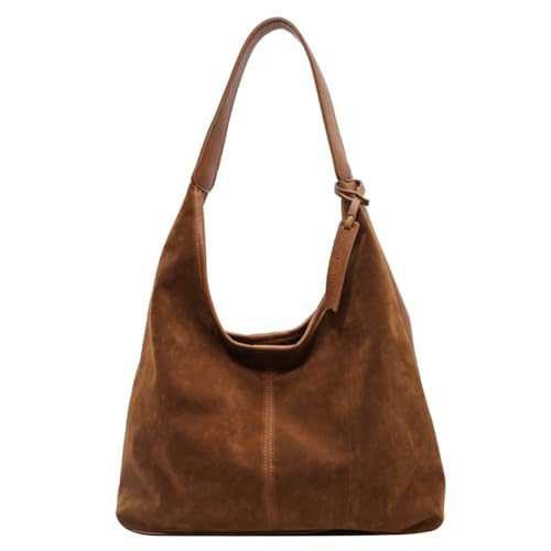Suede Tote Bag Brown Suede Hobo Bag for Women, Slouchy Casual Tote with PU Patchwork and Magnetic Closure Retro | Amazon (US)