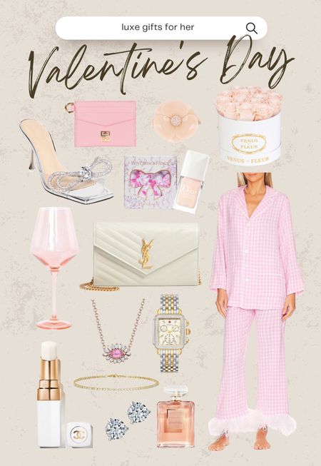 Luxe Valentine’s Day gifts for her!
Valentine gifts, luxe gifts, Mach and Mach heels, card holder, hair clip, roses, wine glass, nail polish, YSL handbag, Sleeper pajamas, sapphire necklace, tennis bracelet, Michele watch

#LTKitbag #LTKGiftGuide #LTKbeauty