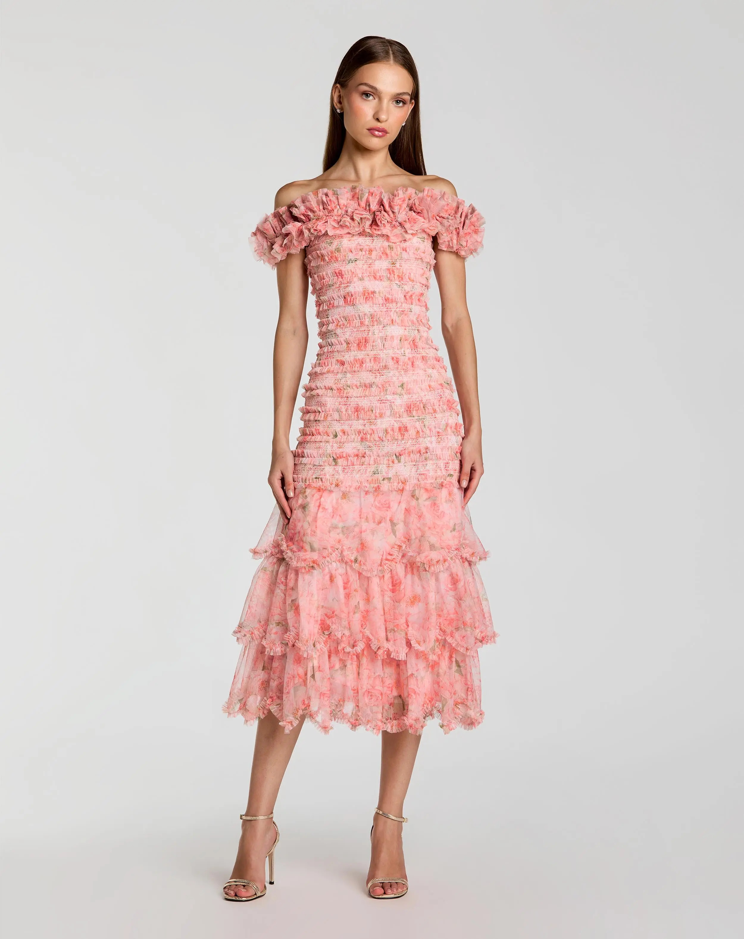Pink Floral Off The Shoulder Ruffle Midi Dress | Mac Duggal | Mac Duggal