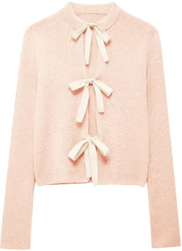 Pinclodly Bow Sweater Women Long Sleeve Crewneck Sweater Cute Contrast Bow Tie Front Cardigan Sweaters Y2K Cardigans Lightweight | Amazon (US)