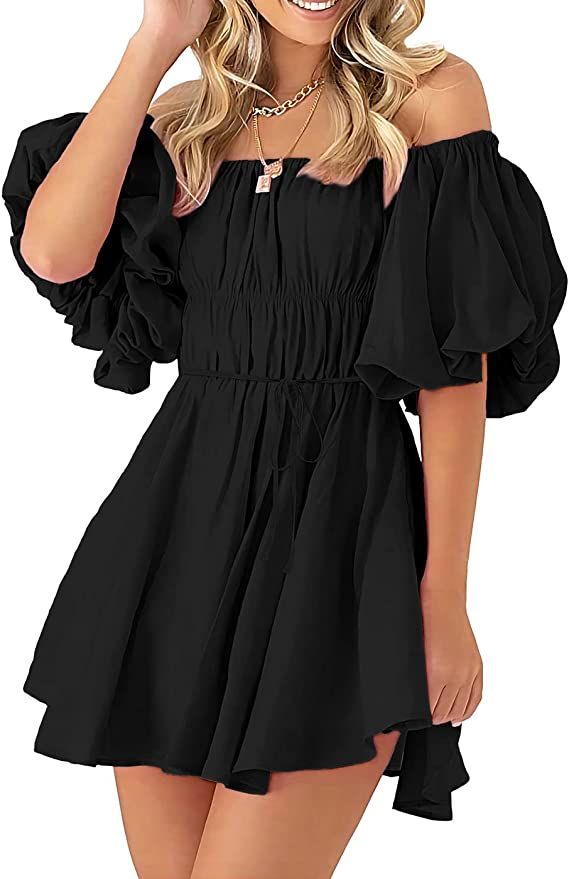 PRETTYGARDEN Women's Off The Shoulder Babydoll Dress Short Puff Sleeve Casual A Line Ruffle Summe... | Amazon (US)