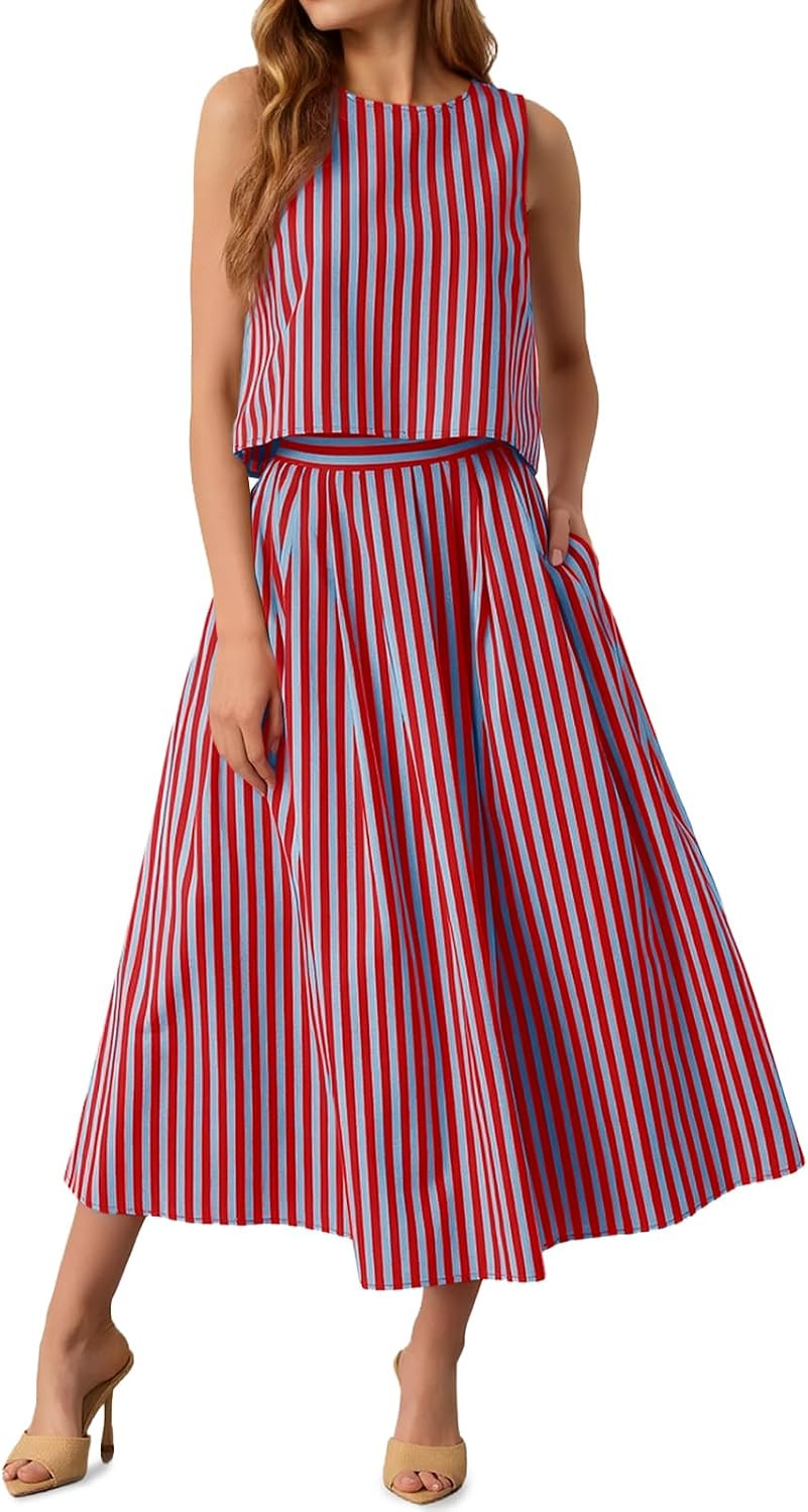 Tankaneo Womens 2 Piece Skirt Sets Summer Striped Tank Tops Midi Dress 2026 | Amazon (US)