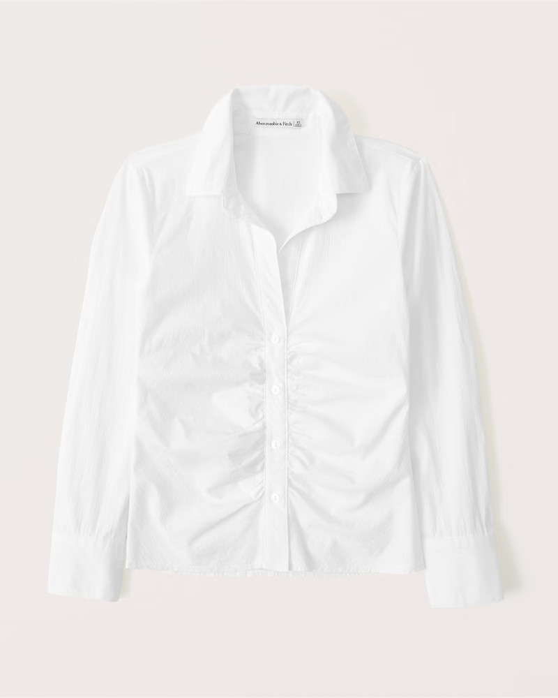 Women's Long-Sleeve Button-Through Ruched Poplin Top | Women's Tops | Abercrombie.com | Abercrombie & Fitch (US)