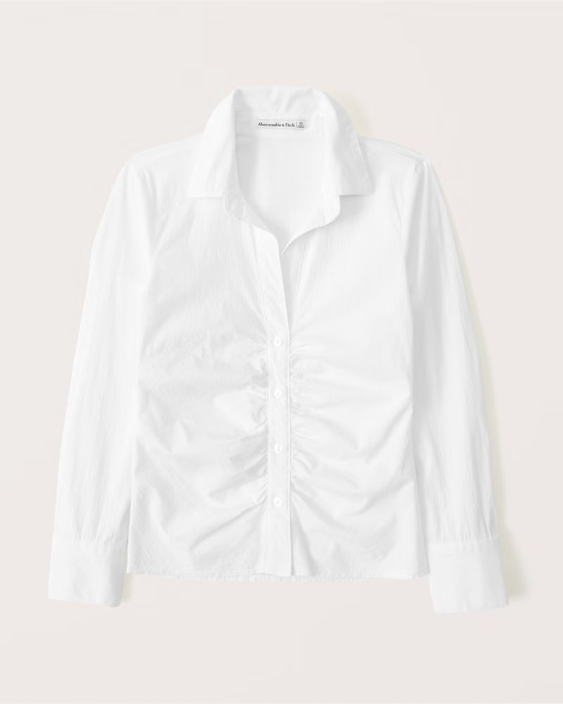 Long-Sleeve Button-Through Ruched Poplin Top | Abercrombie & Fitch (US)