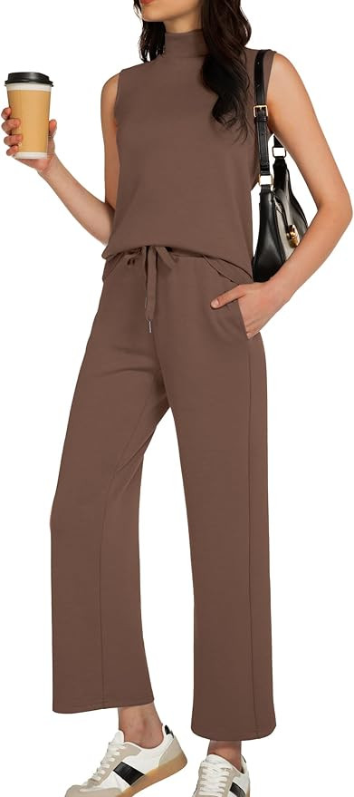 Women's Summer 2 Piece Outfits Mock Neck Tank Top Cropped Wide Leg Pants Lounge Sets 2025 Fashion... | Amazon (US)