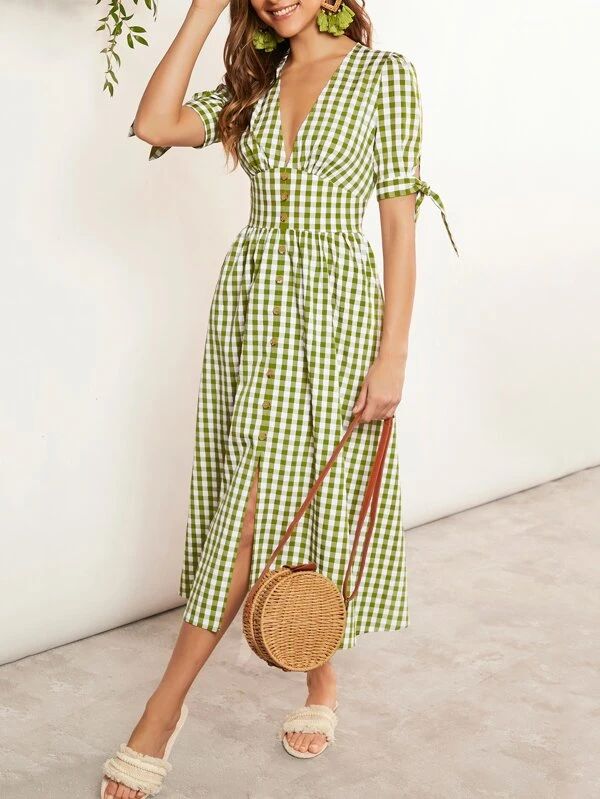 SHEIN VCAY Gingham Print Knot Cuff Button Front Dress | SHEIN