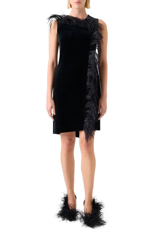 Akris Feather Trim Velvet Neoprene Dress in Black at Nordstrom, Size 12 | Nordstrom