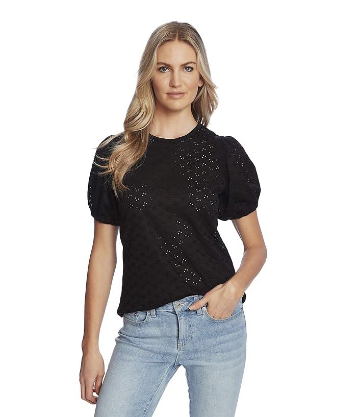 CeCe Puffed Sleeve Knit Eyelet Top (Rich Black) Women's Clothing | Zappos