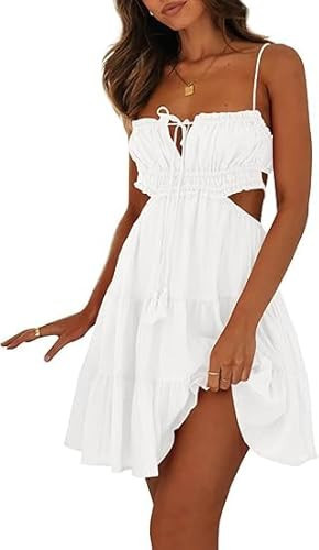 Wenrine Womens Summer Beach Mini Dress Adjustable Spaghetti Straps Sleeveless Backless Tiered Boho Sexy Dresses White | Amazon (US)
