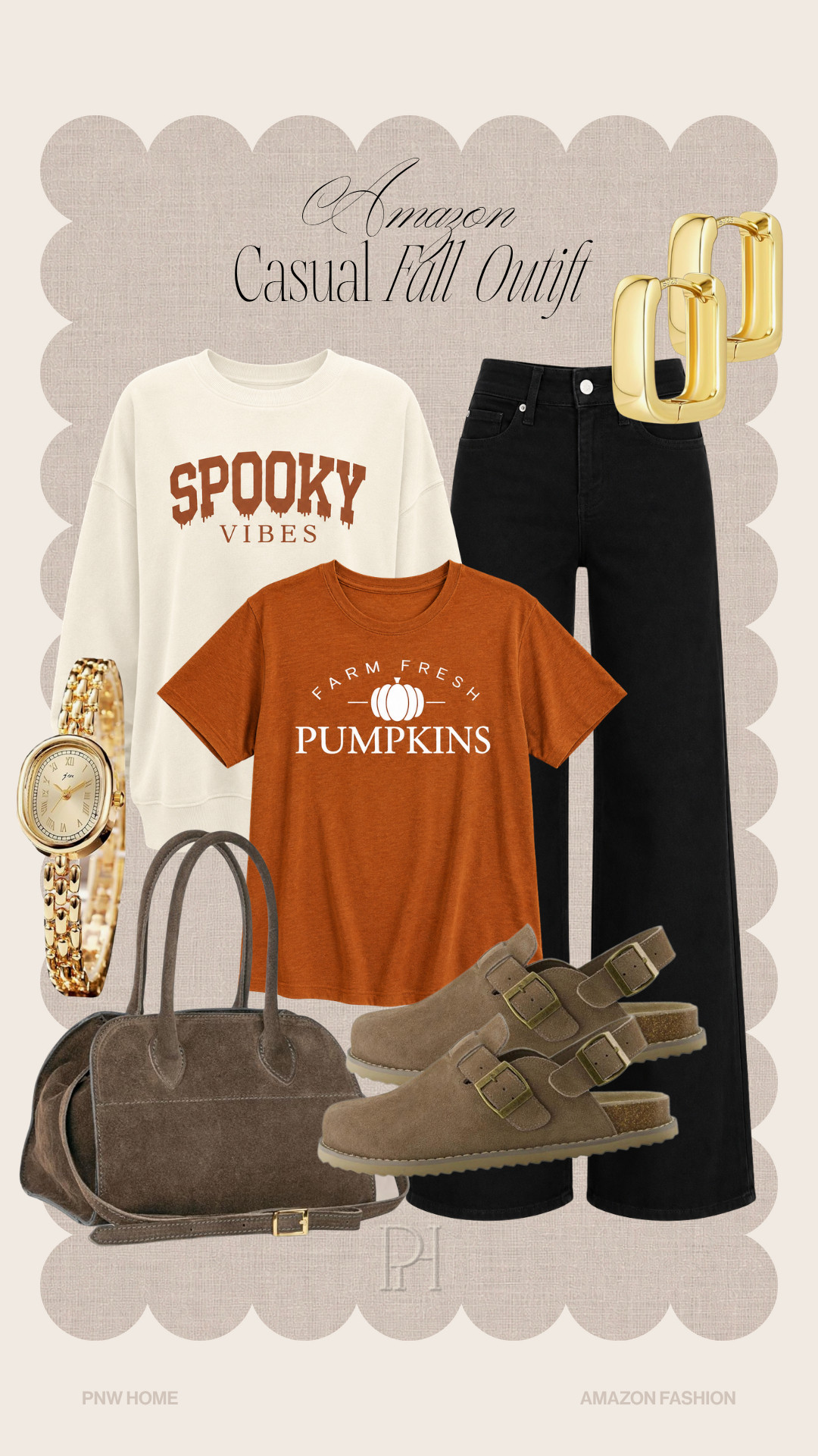 These Amazon finds are great for a casual fall day!

fall fashion, fall looks, fall outfit, fall style, black jeans, black denim, wide leg denim, wide leg jeans, orange t-shirt, pumpkin tee, spooky vibes tee, fall graphic tee, Halloween sweatshirt, Halloween t-shirt, suede clogs, suede handbag, gold watch, gold earrings, brown handbag, brown slides 

 #LTKgrwm #LTKootd #LTKSeasonal