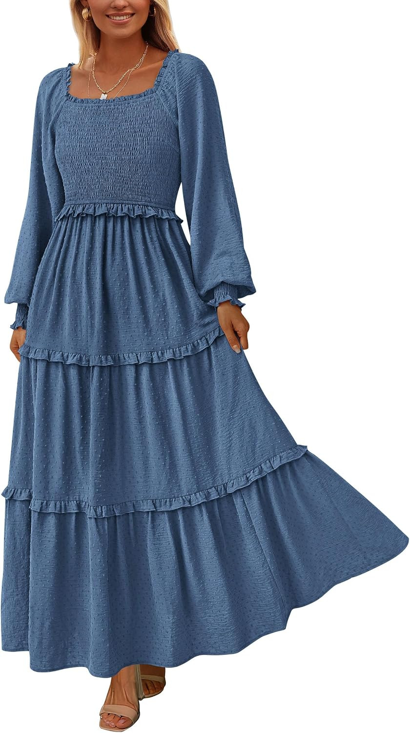 PRETTYGARDEN Women's Boho Smocked Long Sleeve Maxi Dress | Amazon (US)