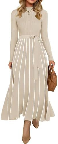 ZESICA Womens 2026 Fall Turtleneck Long Sleeve Sweater Dress Tie Waist Casual Loose Ribbed Knit A... | Amazon (US)