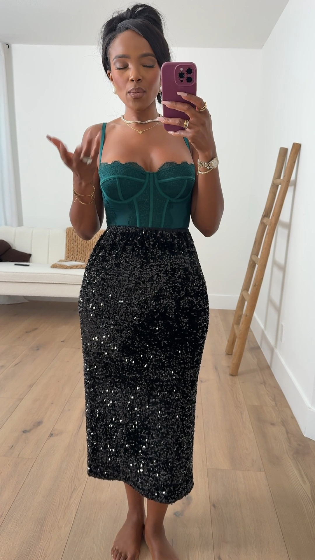 Holiday glam but make it effortless — this emerald corset paired with the black sequin midi skirt gives the most stunning party silhouette. Luxe, flattering, and perfect for every festive event on your calendar.

Favorite to revisit later.

📏 Sizing: Wearing size S  
Kira’s measurements: 5’4”, 138 lbs, 34D, 27” waist, 40” hips

holiday party outfit ideas, emerald corset top look, black sequin skirt outfit, chic festive fashion, winter event style inspo

Follow me on Instagram and YouTube @kirasfashionfinds

#LTKHoliday #LTKootd