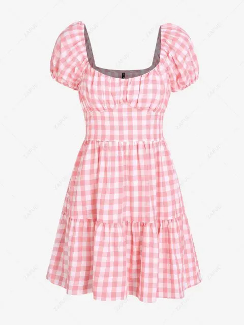 ZAFUL Gingham Puff Sleeve Tiered Dress | ZAFUL (Global)