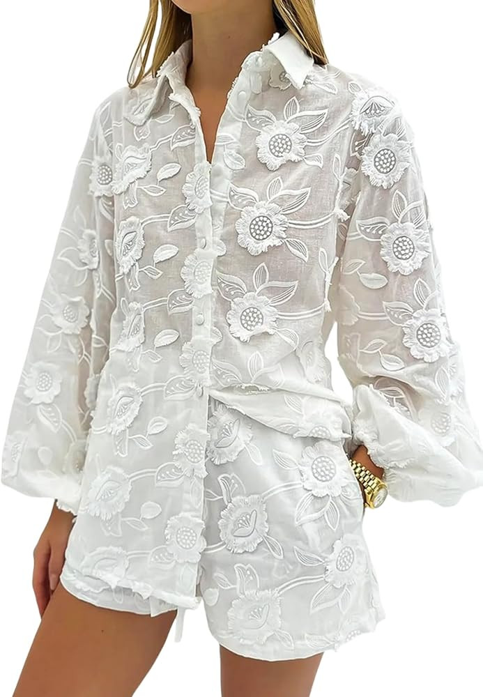 NIFTRIRY Women Two Piece Sets Dressy Long Sleeve Floral Embroidery Casaul Lace Blouse and Shorts ... | Amazon (US)