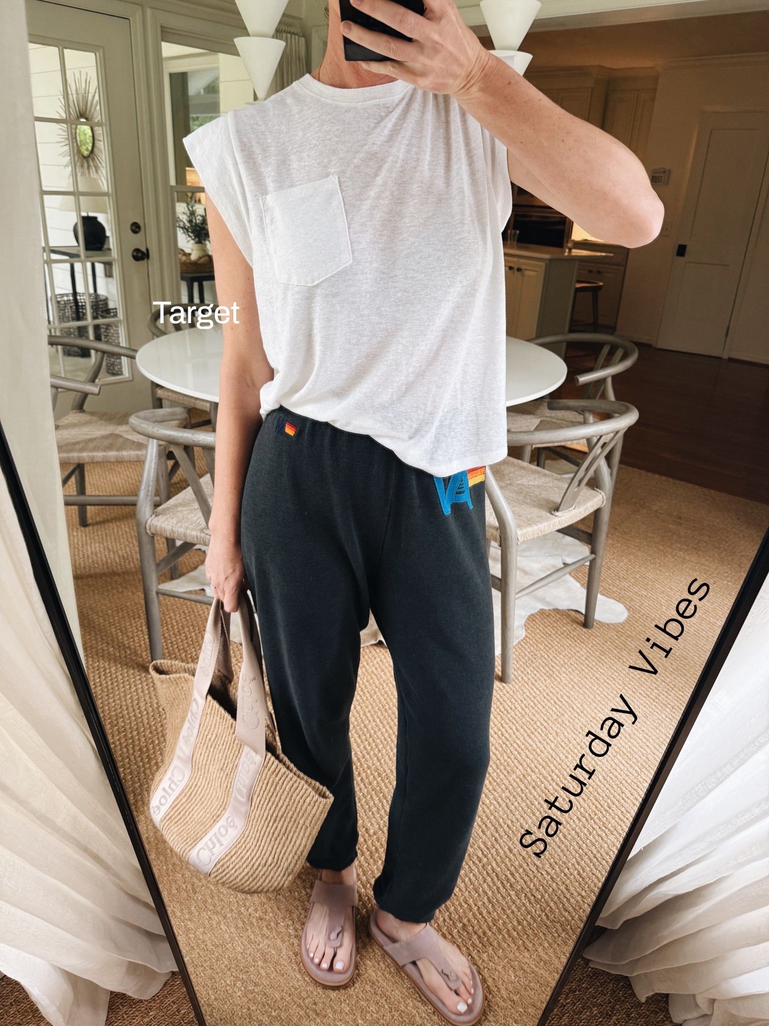 Real life easy Saturday look…. Dropping off at sports/home stuff / chilling 🤍 size M tee! 