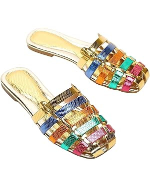 GORGLITTER Women's Snakeskin Close Toed Strappy Flat Sandals Hollow Out Slide Sandals Dressy Shoe... | Amazon (US)