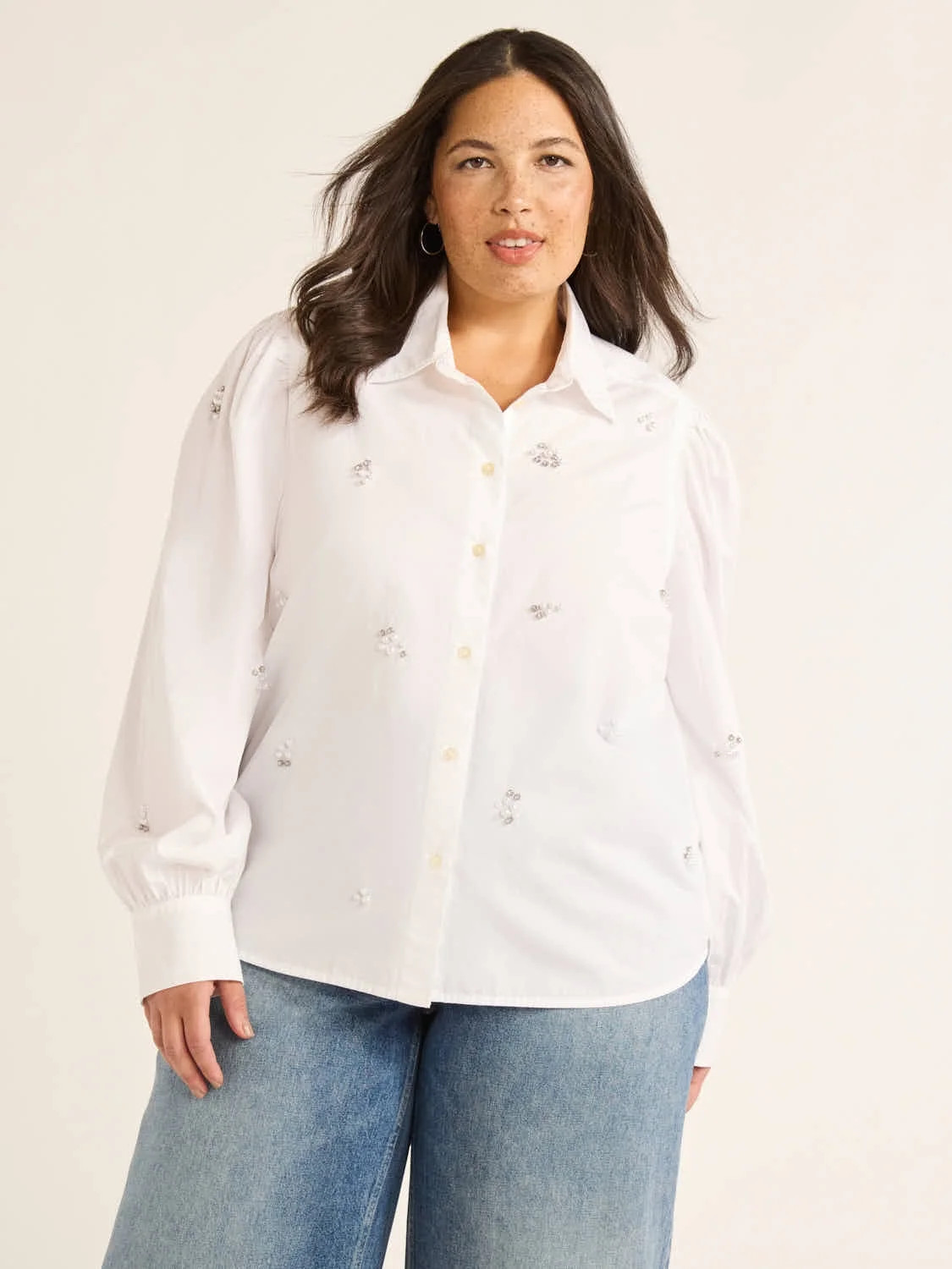 Free Assembly Women's and Women’s Plus Cotton Embellished Button Front Shirt, Sizes XS-4X | Walmart (US)
