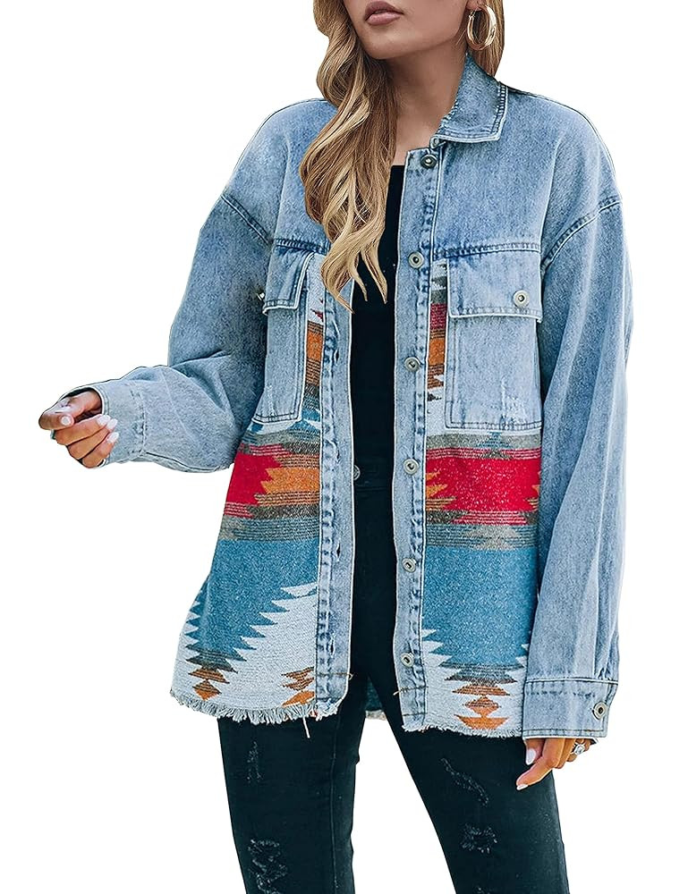 Lumister Women's Aztec Denim Jacket Distressed Lapel Long Sleeve Vintage Button Down Denim Jacket... | Amazon (US)