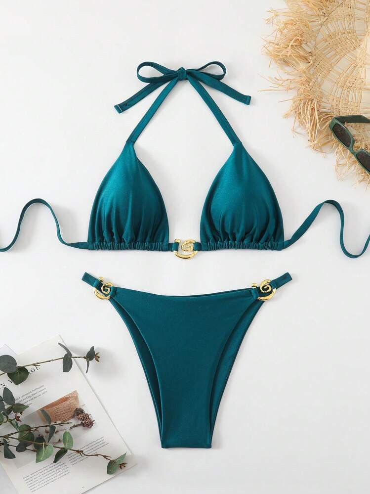 SHEIN Swim Curve Plus Size Women Halter Shiny Solid Twist Decor Bikini Swimwear Set Summer | SHEIN