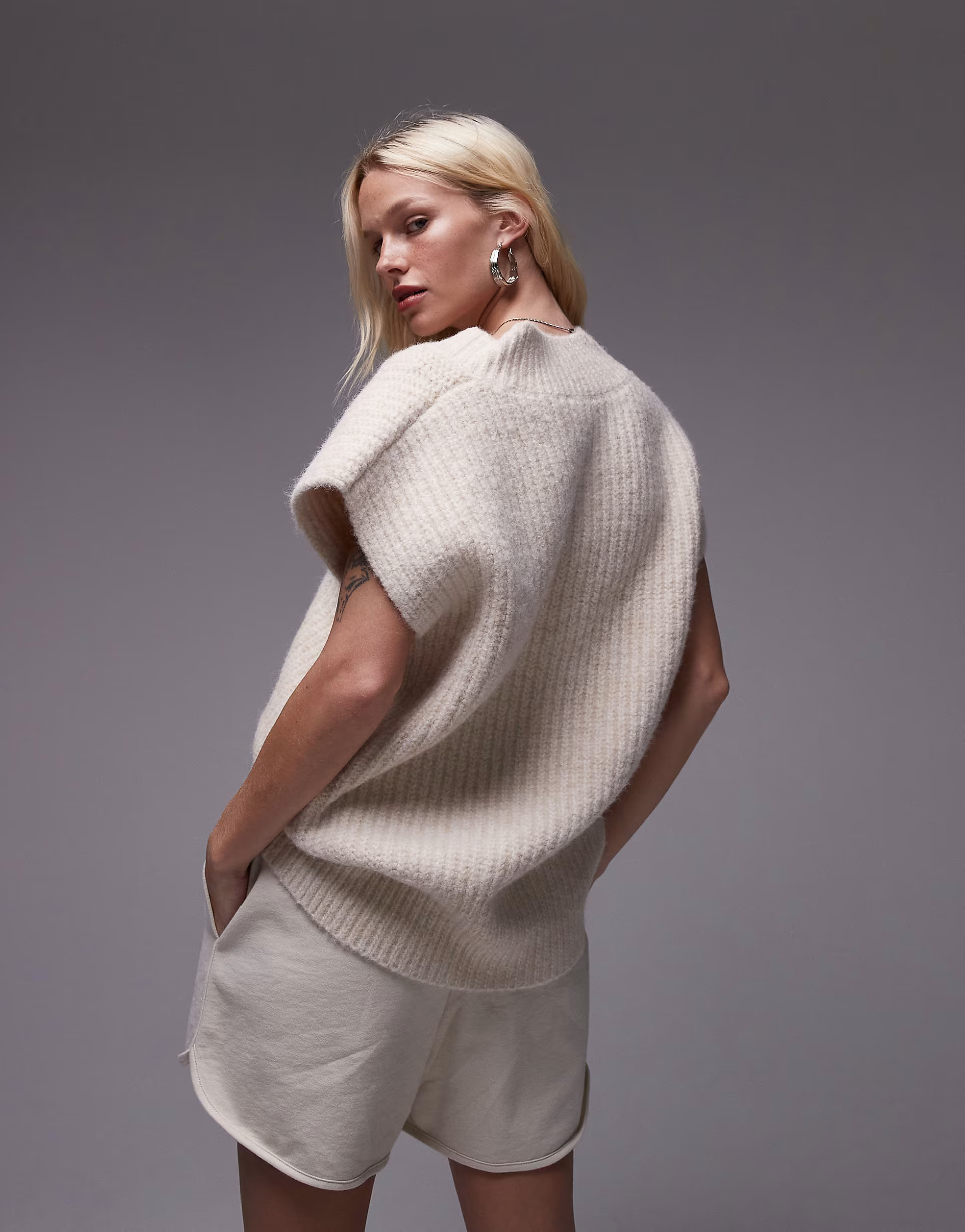 Topshop knitted v-neck relaxed fluffy ribbed vest in oat | ASOS (Global)