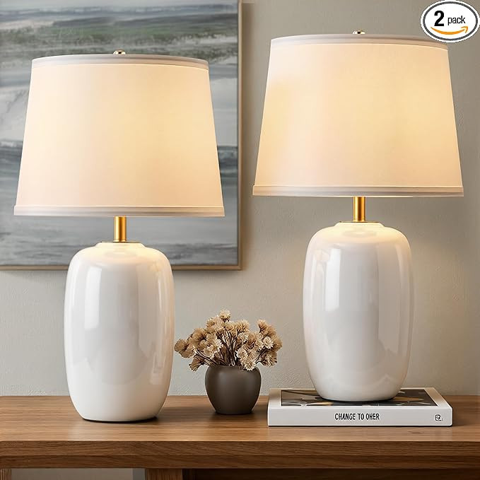 PUSU 22 Inch White Ceramic Table Lamps Set of 2, Fabric Lampshade Desk lamp | E26 Socket, Rotary ... | Amazon (US)