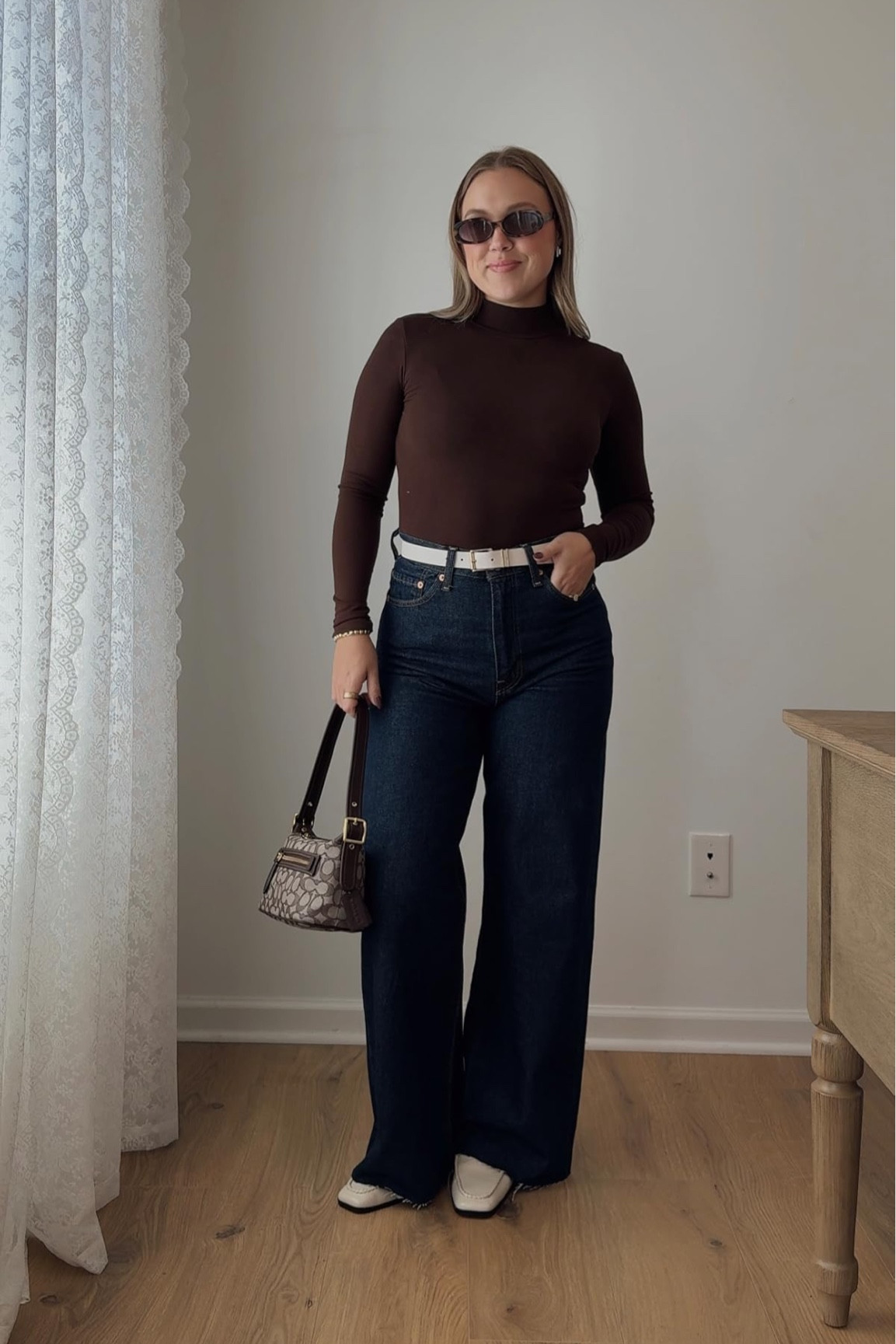 Accessories are a great way to evaluate any outfit! Wearing 28 jeans, small top

Neutral style, wide leg pants, dark wash denim jeans, white belt, cream accessories, white accents, brown top, workwear, casual chic, fall fashion, amazon finds, loafers, flats, womens shoes, earrings, jewelry, sunglasses

#LTKWorkwear #LTKStyleTip #LTKShoeCrush