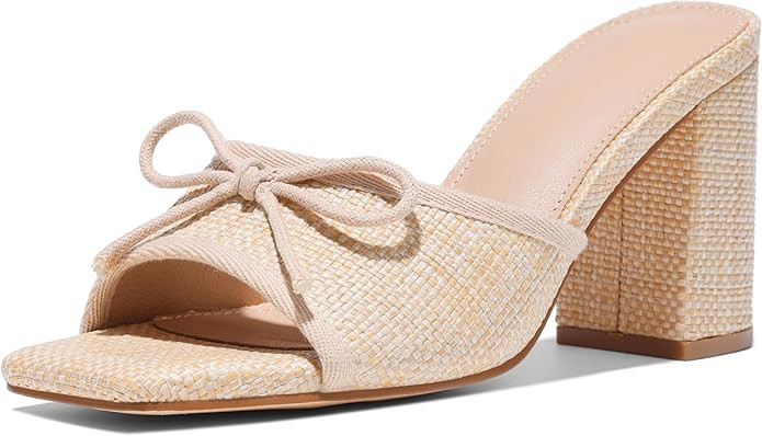 Erocalli Chunky Heels for Women Block Mules Sandals Square Open Toe - Bow, Summer, Raffia, Slip O... | Amazon (US)