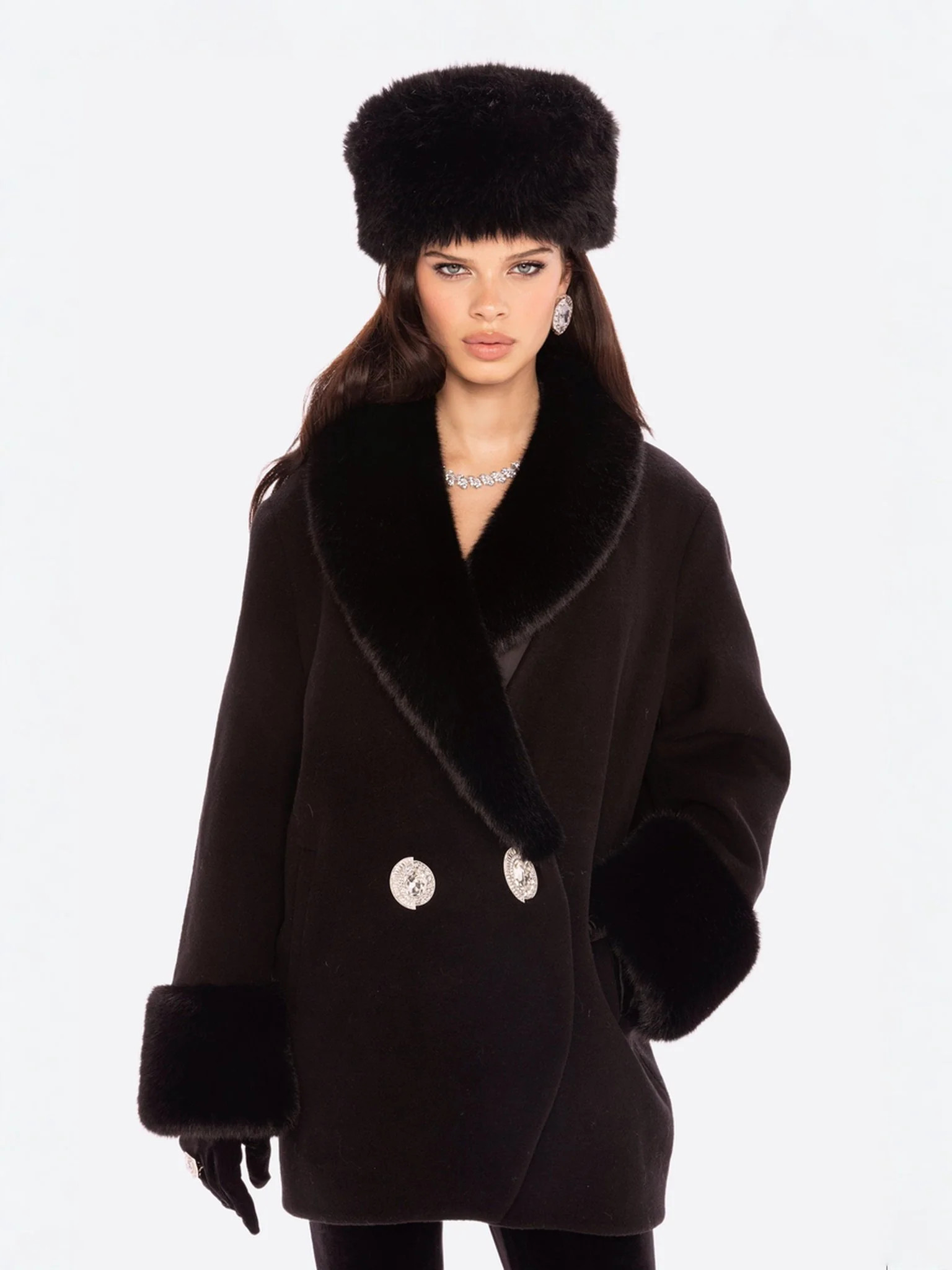 Althea Faux Fur Collar Cocoon Coat (Black) Black / M | Nana Jacqueline