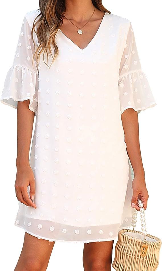 Blooming Jelly Womens White Dresses Short Sleeve V Neck Ruffle Cute Sun Dress Chiffon Flowy Shift Mi | Amazon (US)