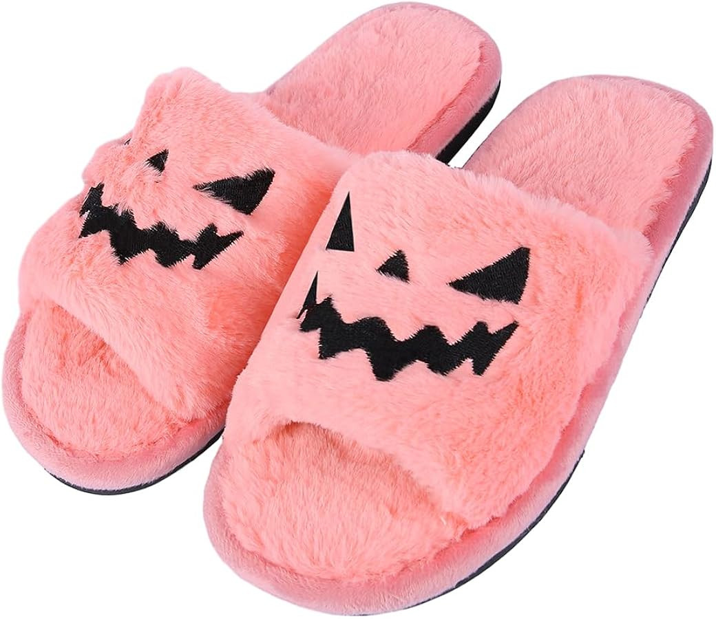 Spooky Slides Halloween Slippers Jack O Lantern Pumpkin Soft Plush Cozy Open Toe Indoor Outdoor F... | Amazon (US)