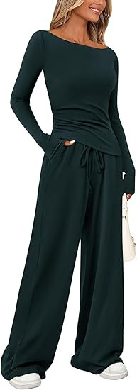 PRETTYGARDEN Women's 2 Piece Lounge Sets Asymmetrical Long Sleeve T Shirt Wide Leg Pants Casual O... | Amazon (US)